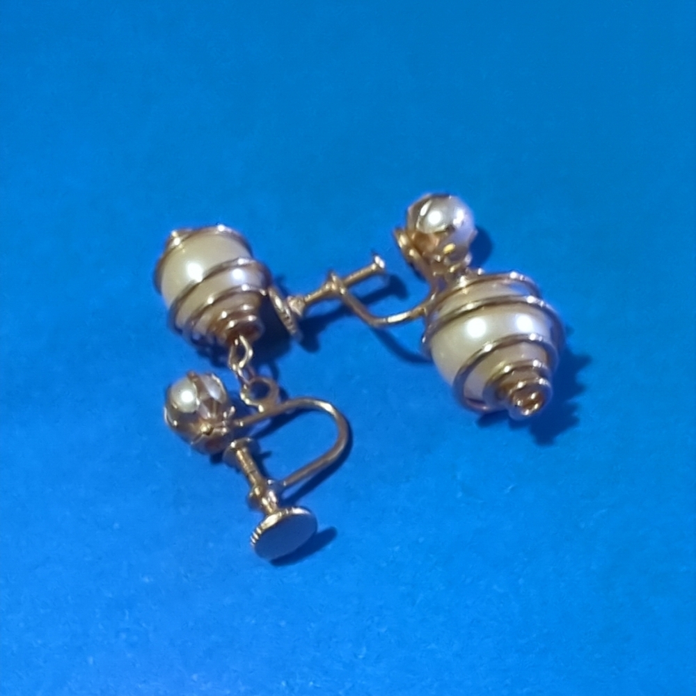 Vintage Signed Faux Pearl 12K GF Gold Filled Earrings Screw Back